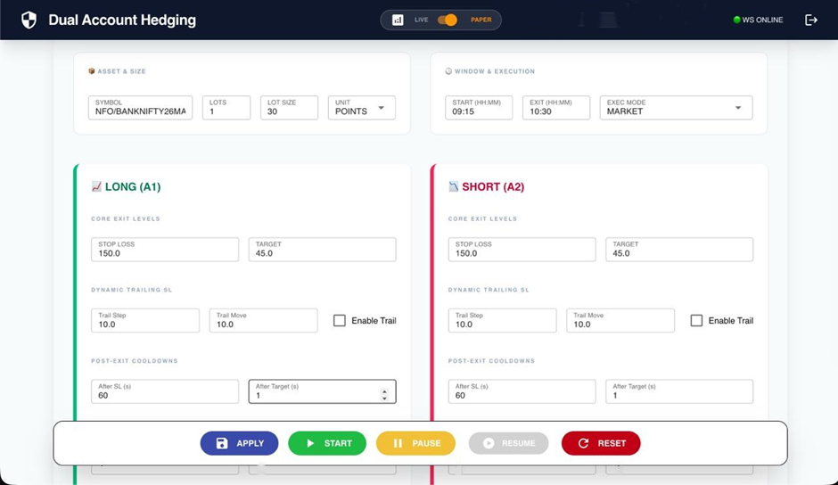 Dual Account Hedging — Strategy Configuration for Long A1 and Short A2