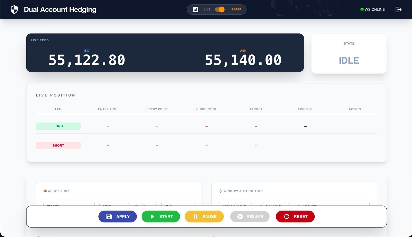 Dual Account Hedging — Live Feed, Live Positions & Execution Controls