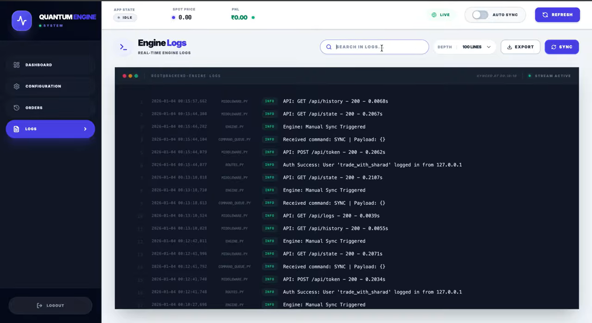 Quantum Engine — Real-Time Engine Logs
