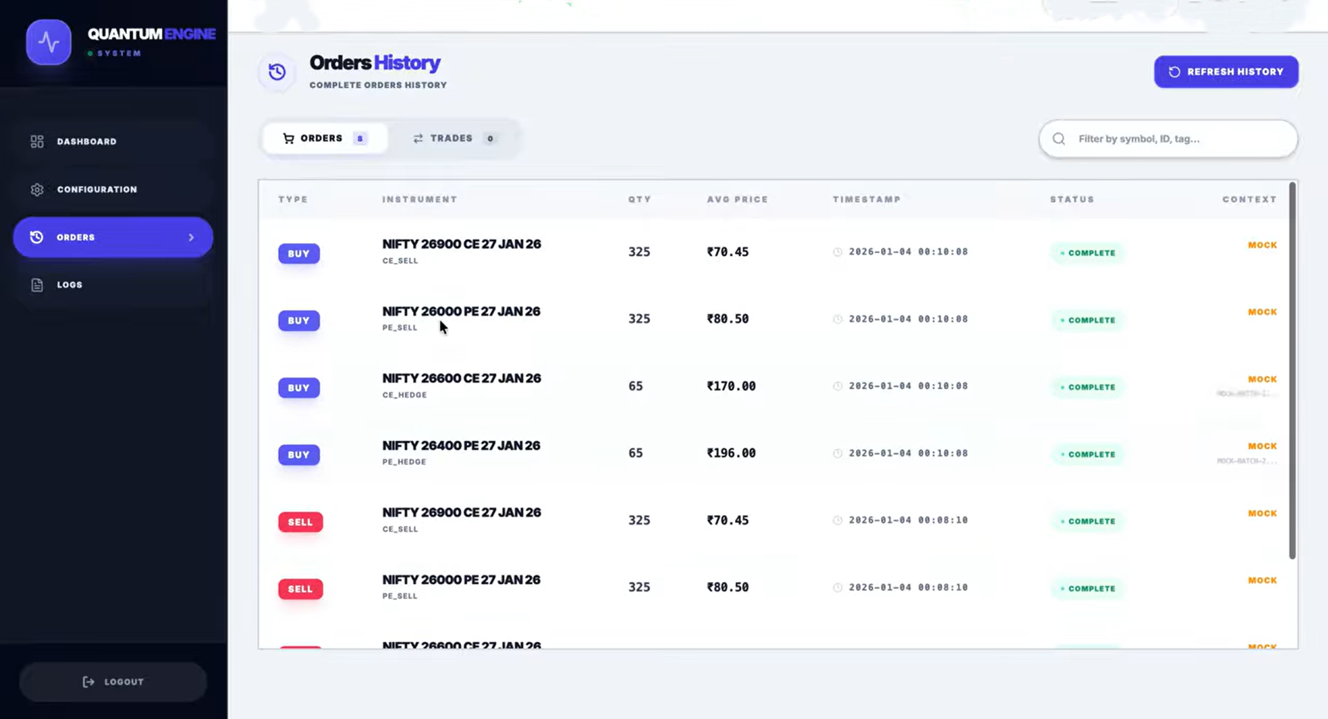 Quantum Engine — Orders History