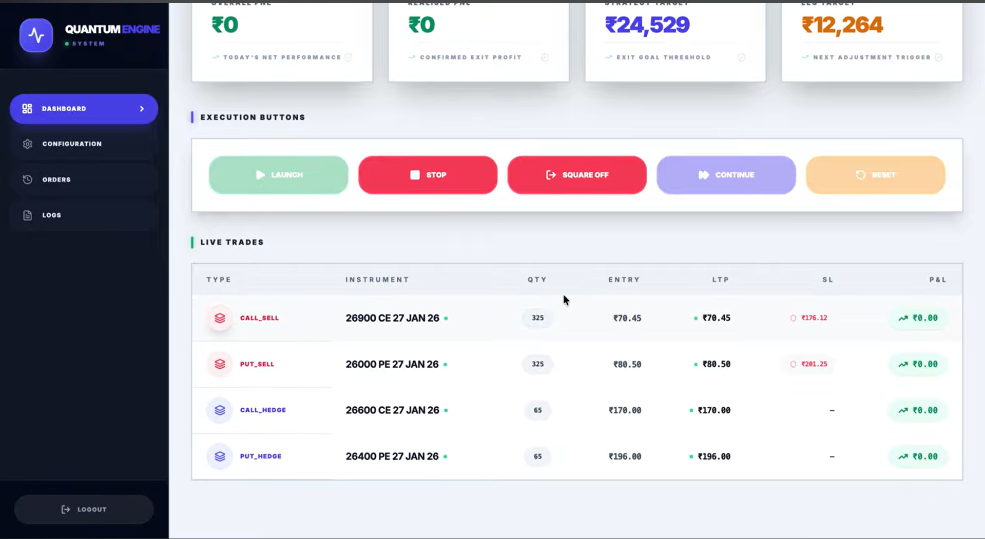 Quantum Engine — Execution Buttons & Live Trades