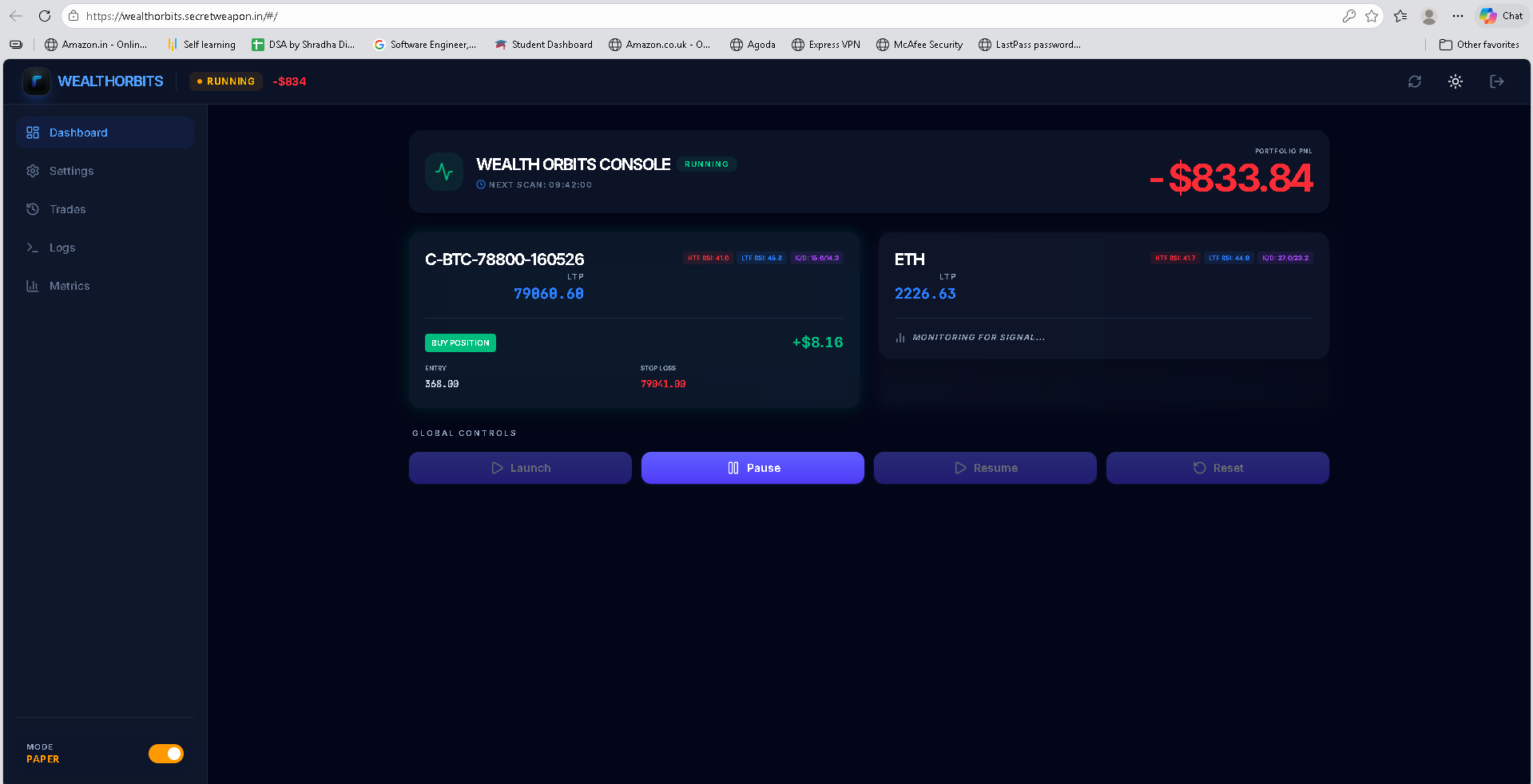 Wealth Orbits — Dashboard Console with live BTC/ETH market feeds, portfolio P&L, and global controls
