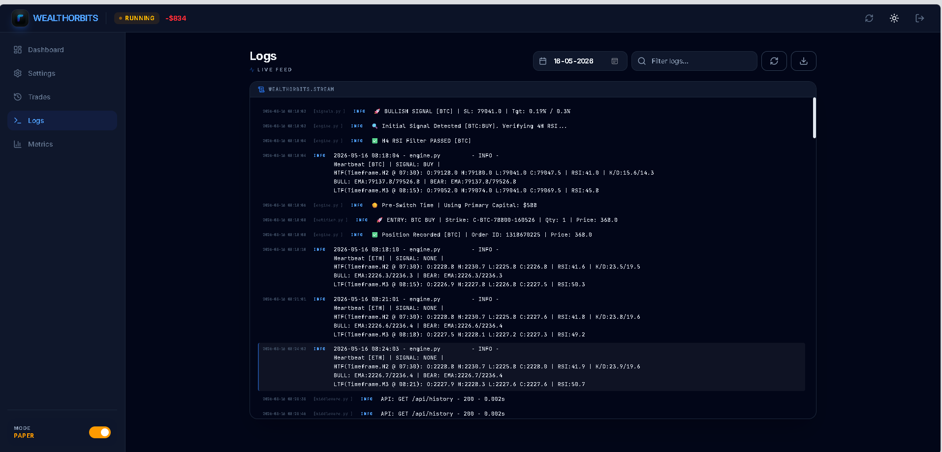 Wealth Orbits — Live Logs with real-time signal detection, RSI confirmations, and execution events
