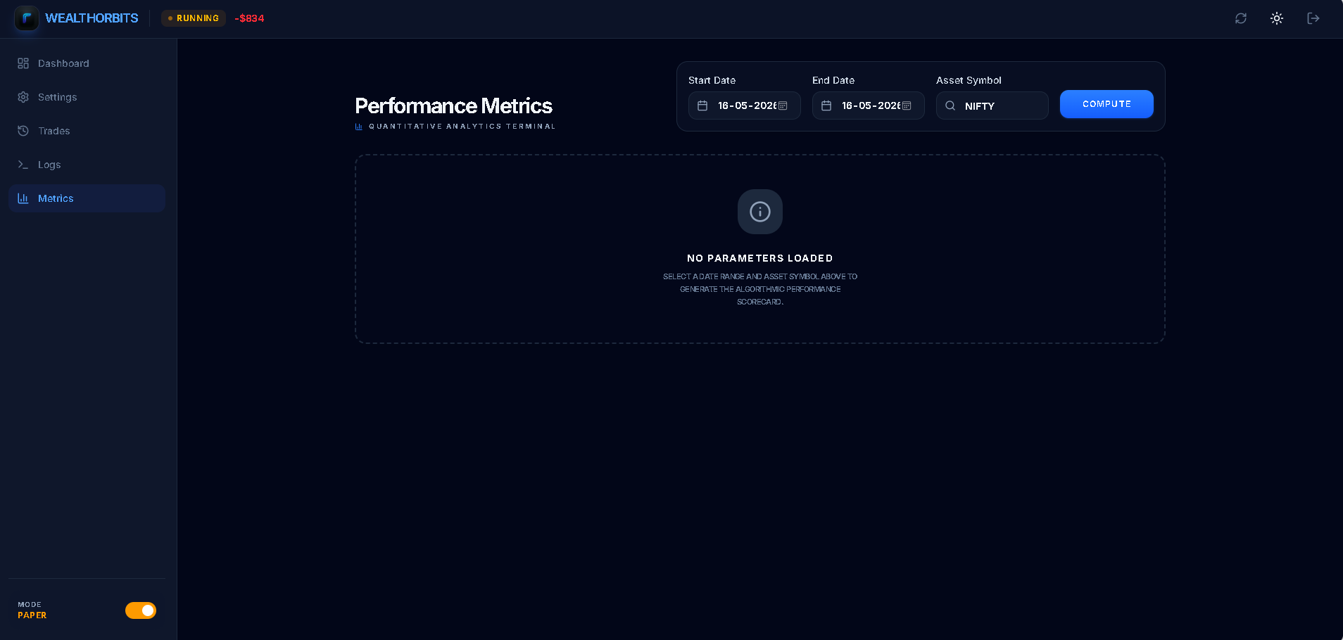 Wealth Orbits — Performance Metrics dashboard for quantitative strategy analytics