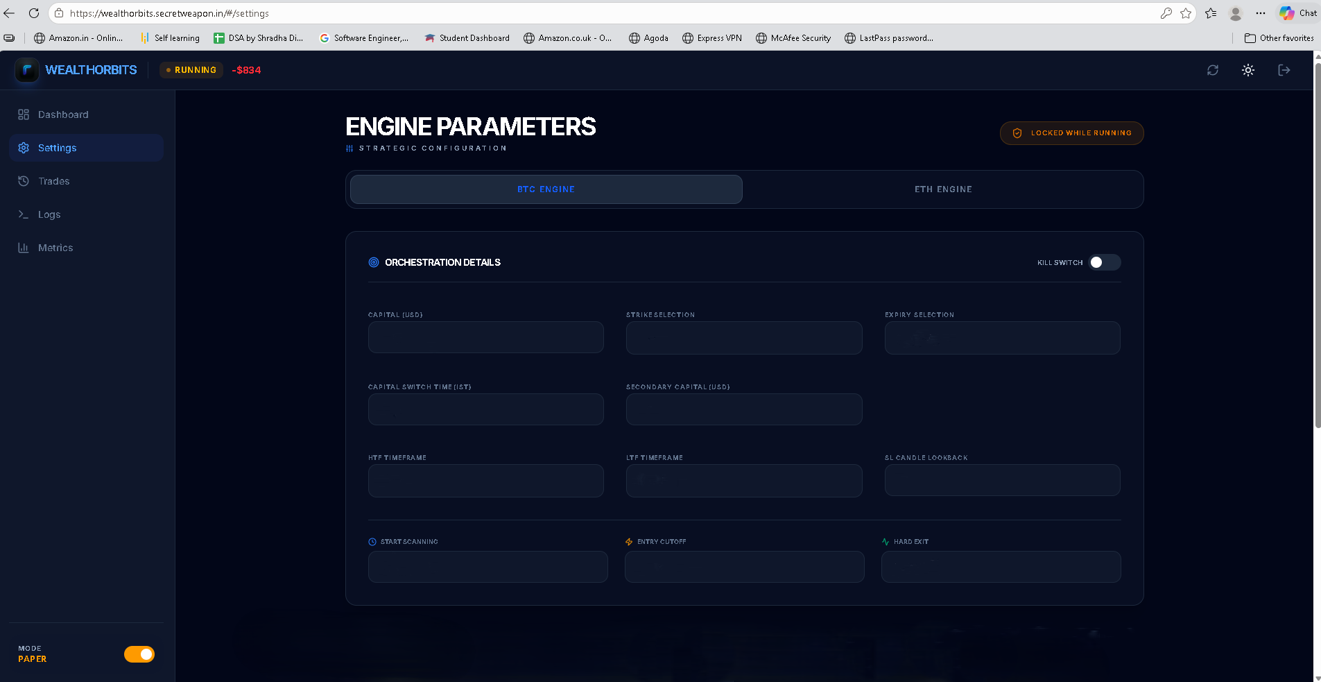 Wealth Orbits — Engine Parameters with BTC and ETH strategy configuration